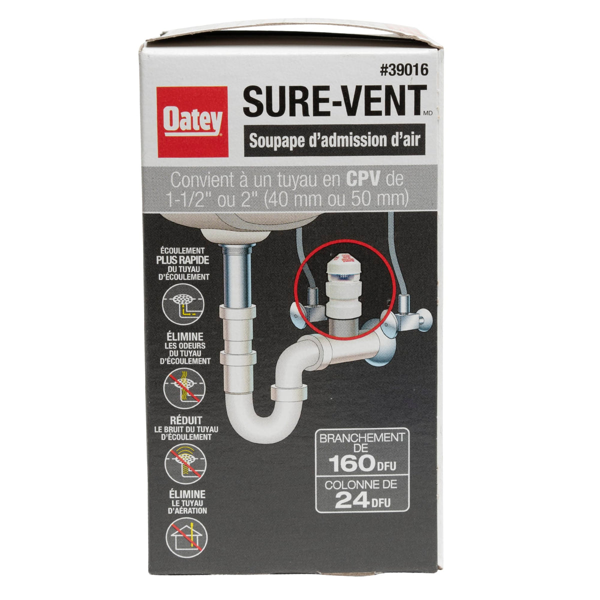 Oatey® Sure-Vent® 1-1/2 in. to 2 in. 160 Branch, 24 Stack DFU Air Admittance Valve with PVC Sch. 40 Adapter