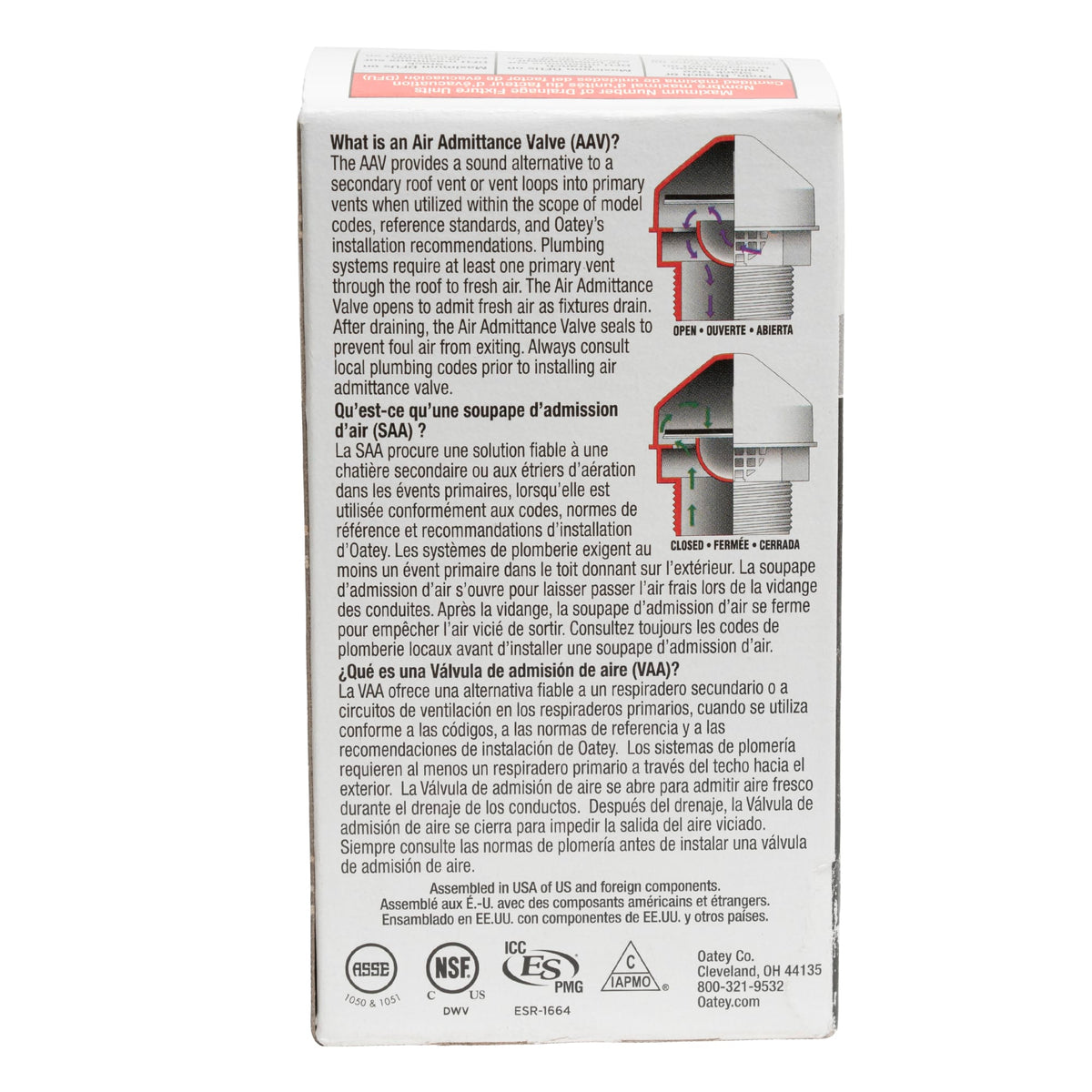 Oatey® Sure-Vent® 1-1/2 in. to 2 in. 160 Branch, 24 Stack DFU Air Admittance Valve with PVC Sch. 40 Adapter