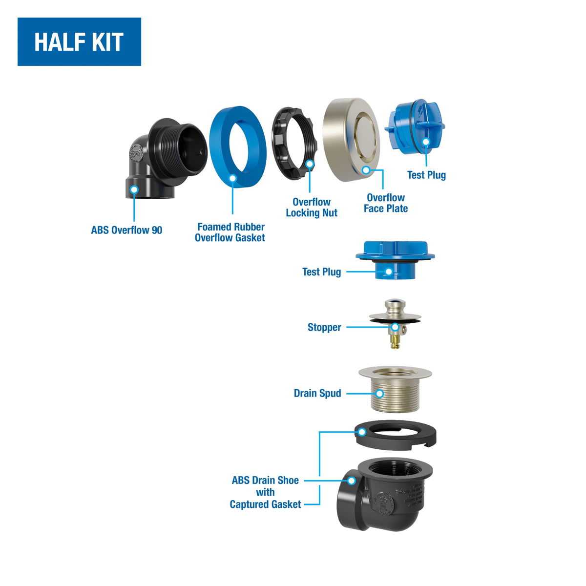 Dearborn® True Blue® ABS Bath Waste Half Kit with Uni-Lift Stopper and Test Kit in Brushed Nickel (Finished Drain Spud)
