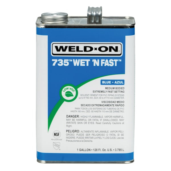 Weld-On 735 Wet ëN Fast PVC Solvent Cement, Blue, Low VOC, High Strength, Medium Bodied, Extremely Fast Setting, 1 Gallon (128 Fl. Oz.)