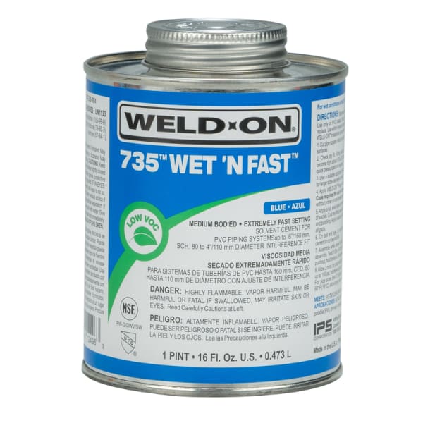 Weld-On 735 Wet ëN Fast PVC Solvent Cement, Blue, Low VOC, High Strength, Medium Bodied, Extremely Fast Setting, 1 Pint (16 Fl. Oz.)