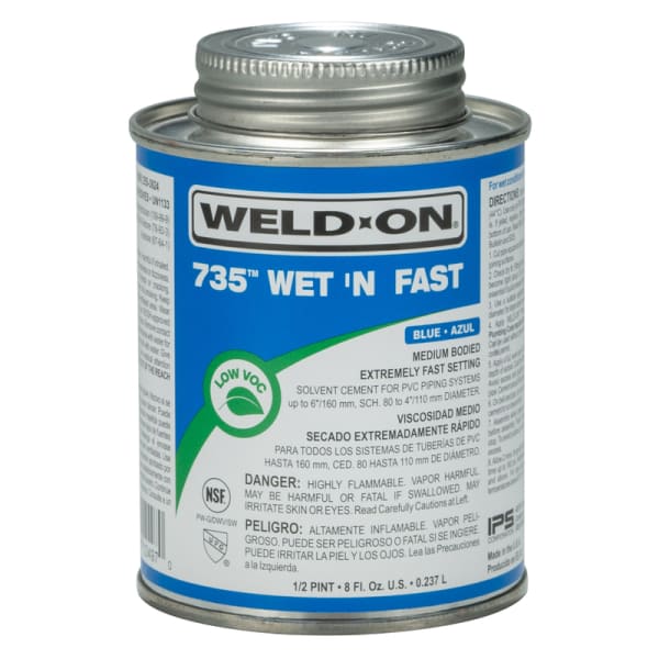 Weld-On 735 Wet ëN Fast PVC Solvent Cement, Blue, Low VOC, High Strength, Medium Bodied, Extremely Fast Setting, 1/2 Pint (8 Fl. Oz.)