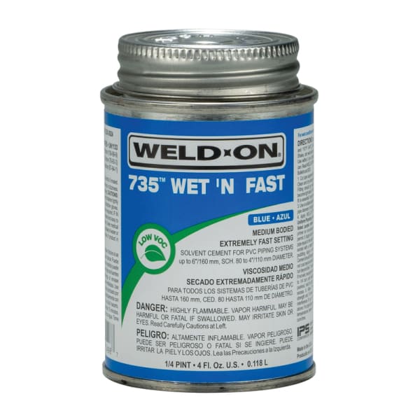Weld-On 735 Wet ëN Fast PVC Solvent Cement, Blue, Low VOC, High Strength, Medium Bodied, Extremely Fast Setting, 1/4 Pint (4 Fl. Oz.)