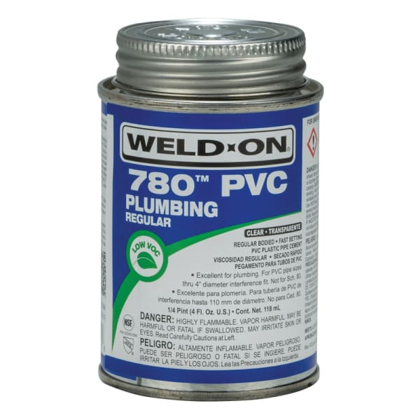 Weld-On 780 PVC Plumbing Solvent Cement, Clear, Low VOC, High Strength, Regular Bodied, Fast Setting, 1/4 Pint (4 Fl. Oz.)