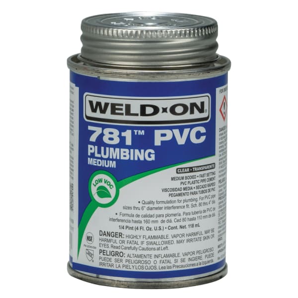 Weld-On 781 PVC Plumbing Solvent Cement, Clear, Low VOC, High Strength, Medium Bodied, Fast Setting, 1/4 Pint (4 Fl. Oz.)