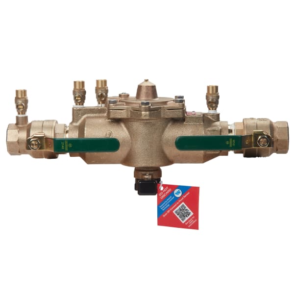 1 1/4" Lead Free Reduced Pressure Zone Backflow Preventer Assembly with Quarter Turn Shutoff Valves, Lever Handles, Backflow Flood Sensor
