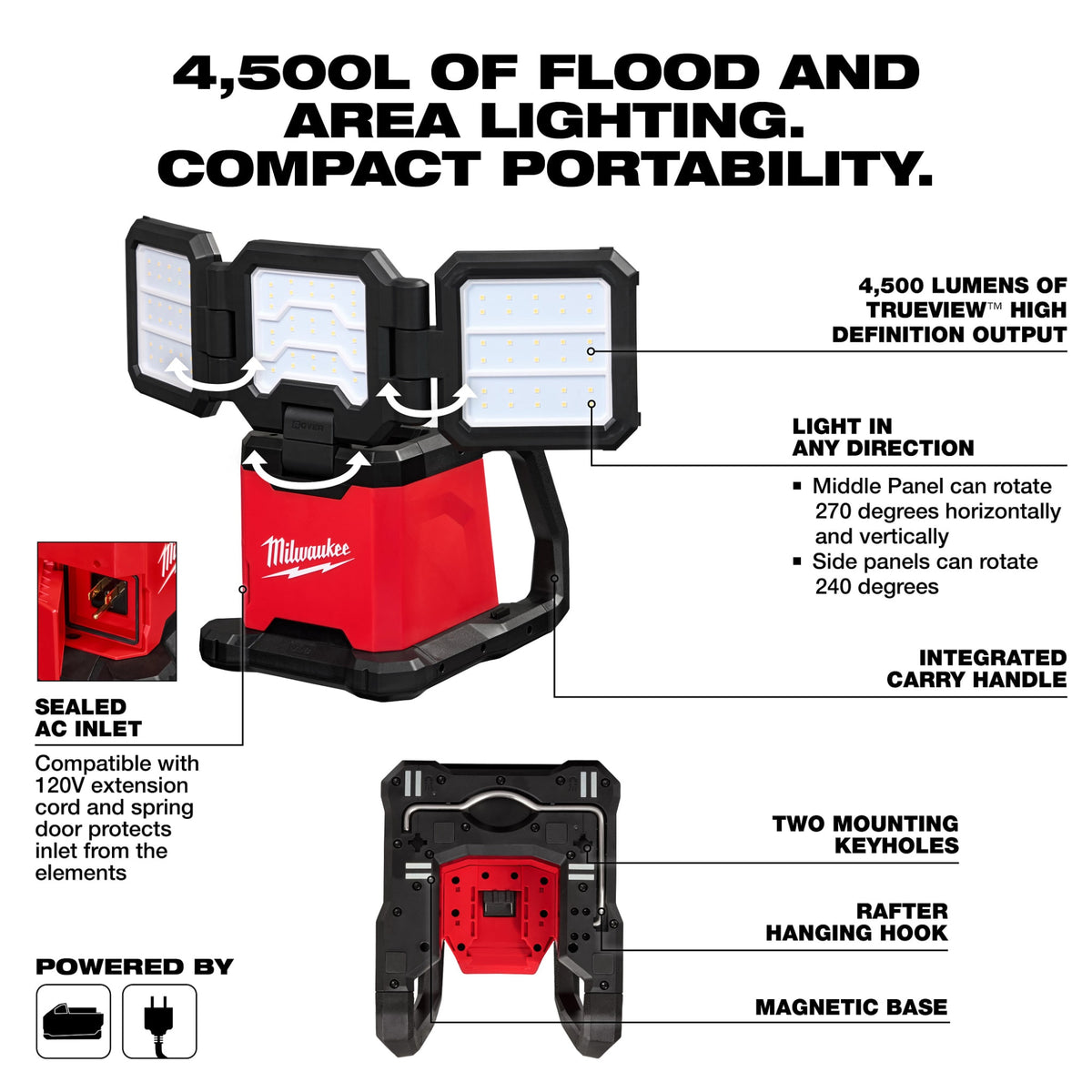 Milwaukee Tools 2368-20 M18™ ROVER™ Dual Power Triple-Panel Flood & Area Light