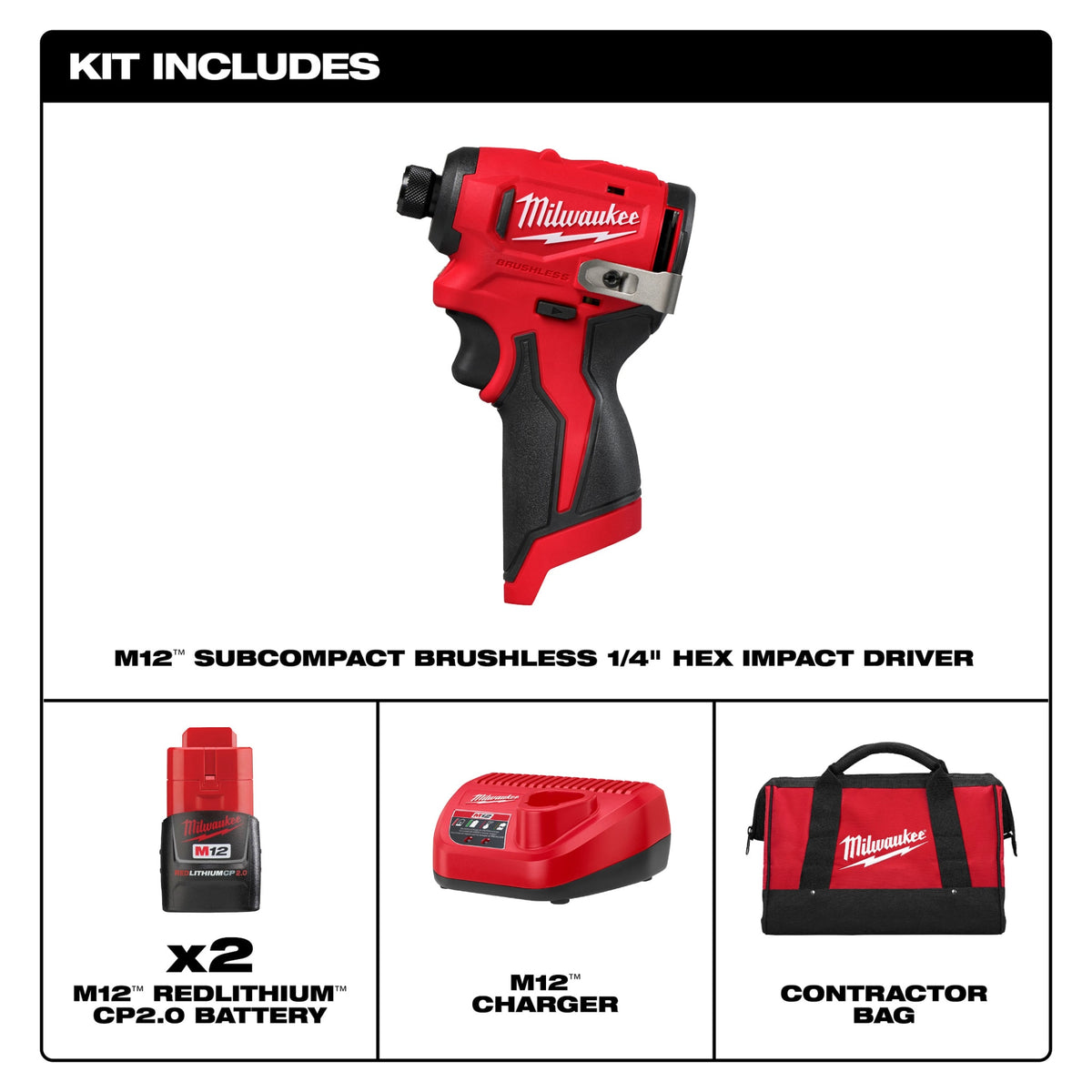 Milwaukee Tools M12™ Subcompact Brushless 1/4" Hex Impact Driver Kit