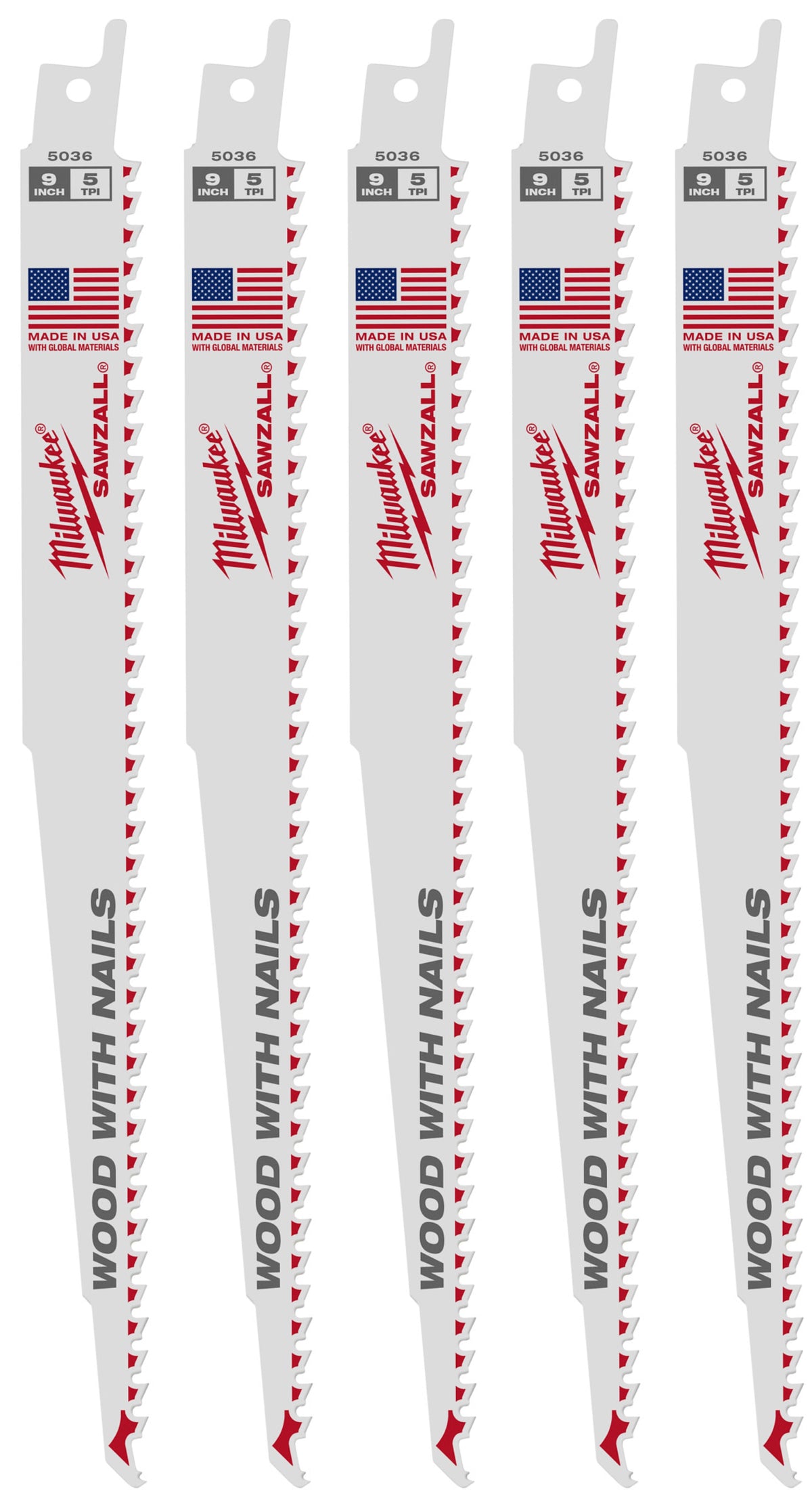 Milwaukee Tools 9" 5 TPI SAWZALL® Blade for Wood with Nails (5 Pack)