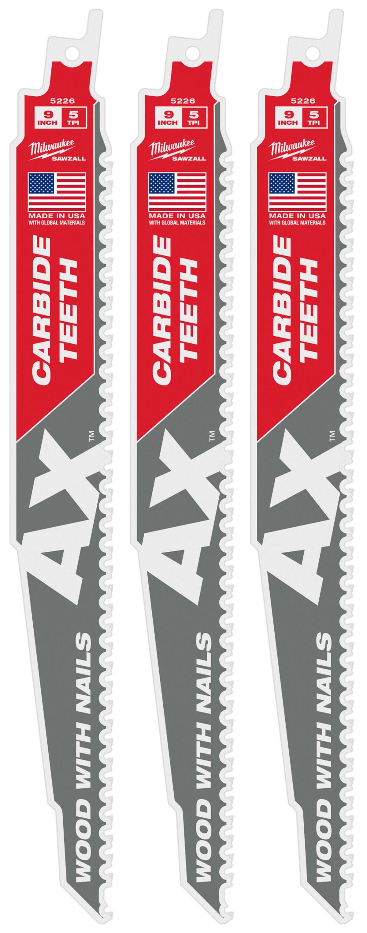 Milwaukee Tools 9" 5 TPI AX™ with Carbide Teeth SAWZALL® Blade for Wood with Nails (3 Pack)