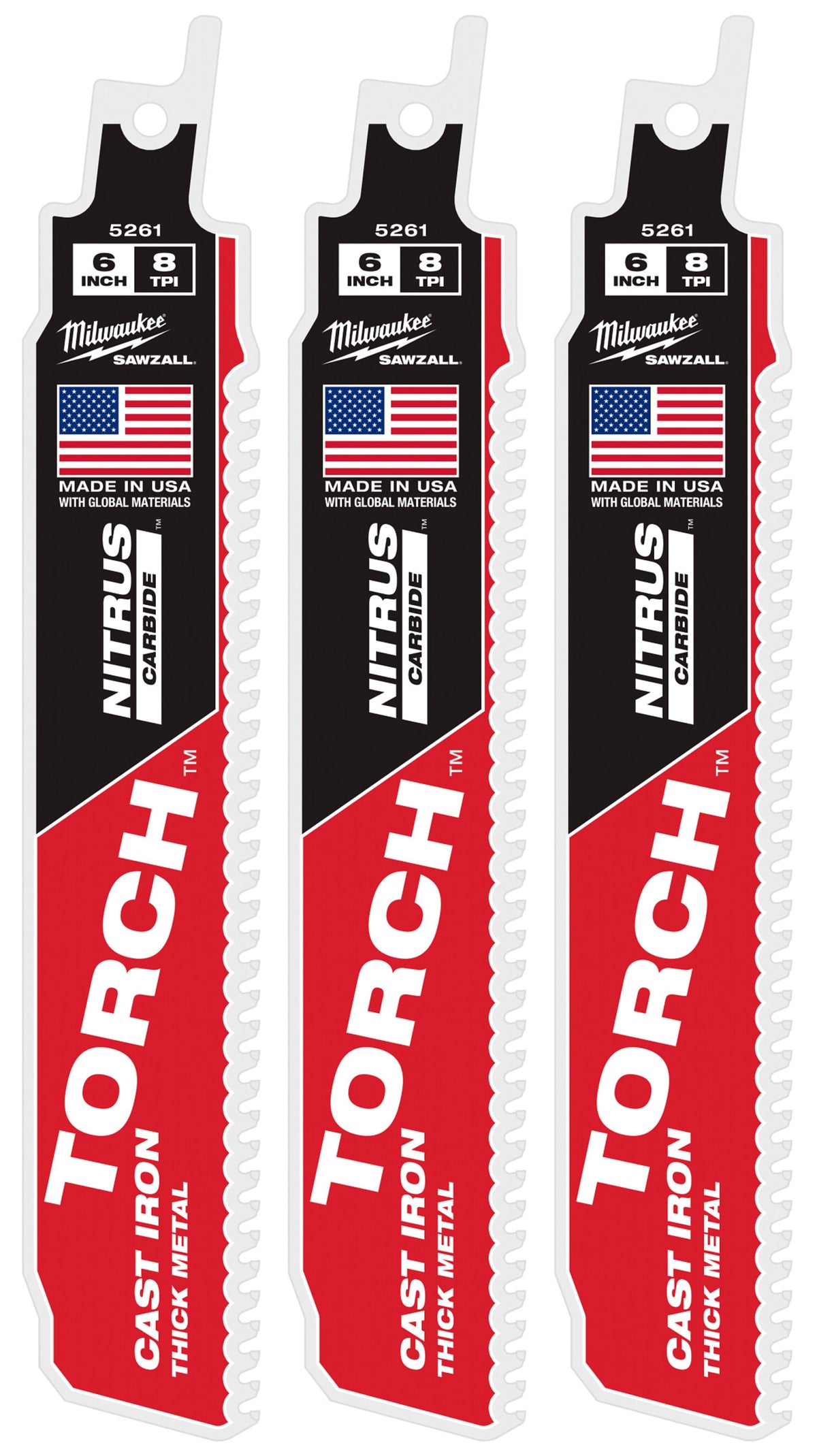 Milwaukee Tools 6" 8 TPI TORCH™ with NITRUS™ Carbide SAWZALL® Blade for Cast Iron (3 Pack)