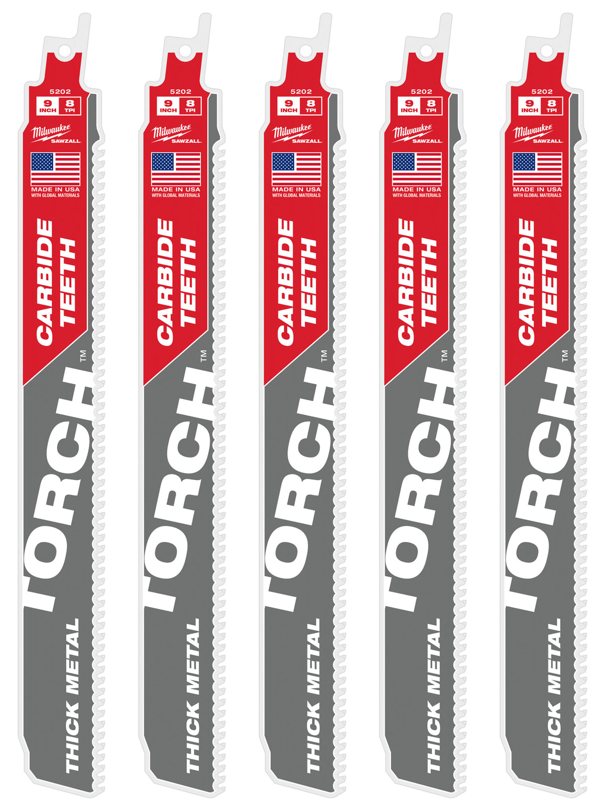 Milwaukee Tools 9" 8 TPI TORCH™ with Carbide Teeth SAWZALL® Blades (5 Pack)