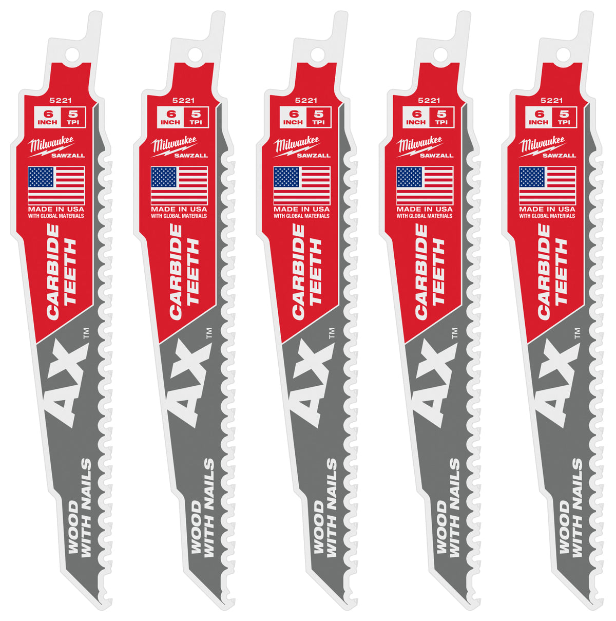 Milwaukee Tools 6" 5 TPI AX™ with Carbide Teeth SAWZALL® Blade for Wood with Nails (5 Pack)