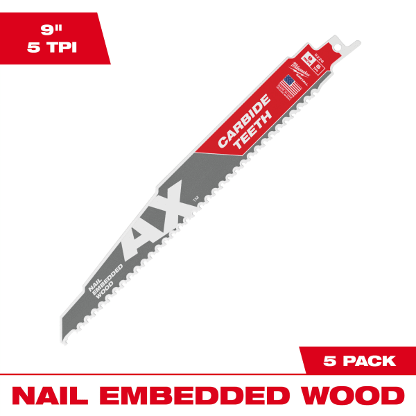 9" 5 TPI AX™ with Carbide Teeth SAWZALL® Blade for Wood with Nails (5 Pack)