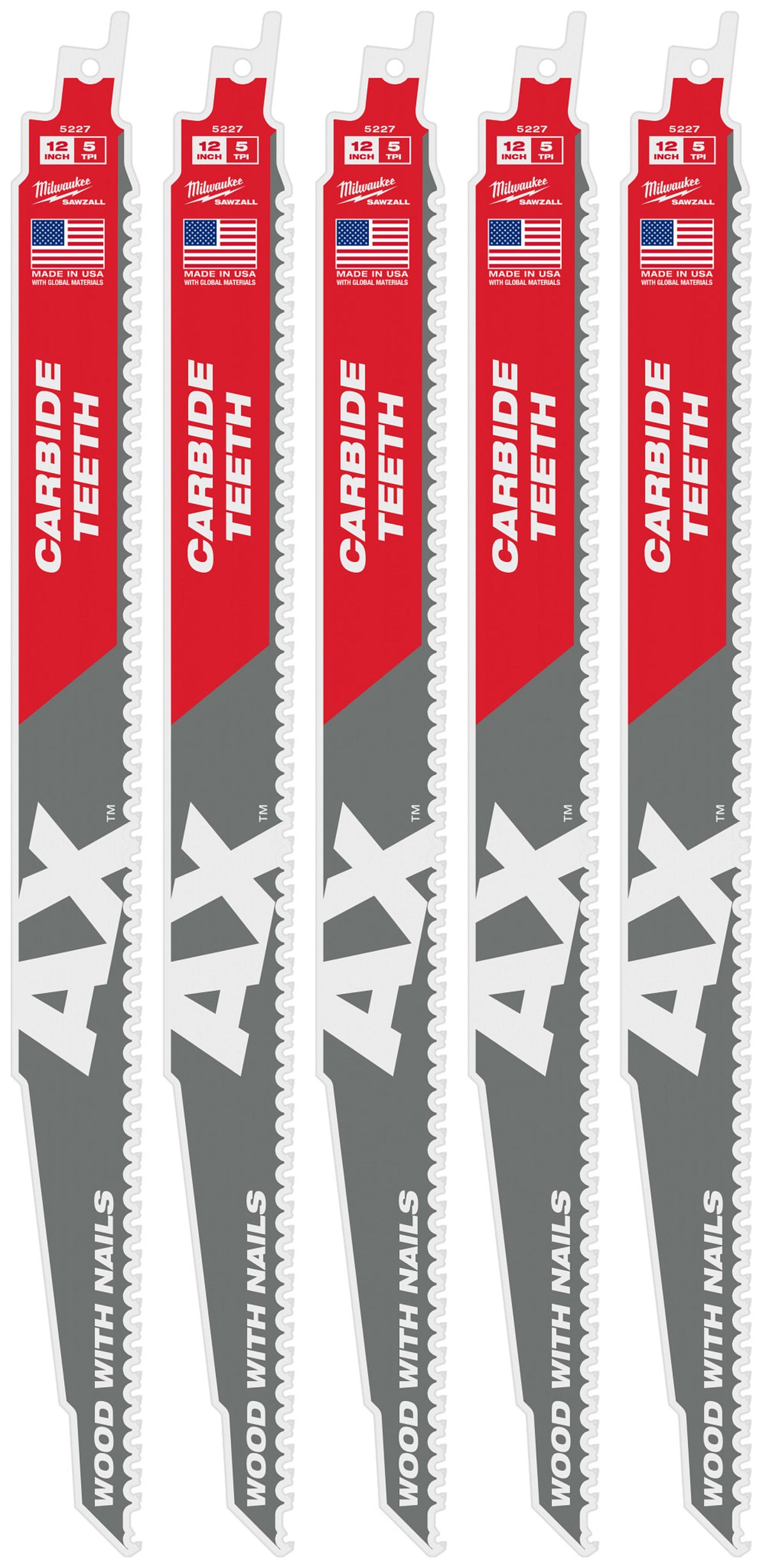 Milwaukee Tools 12" 5 TPI AX™ with Carbide Teeth SAWZALL® Blade for Wood with Nails (5 Pack)