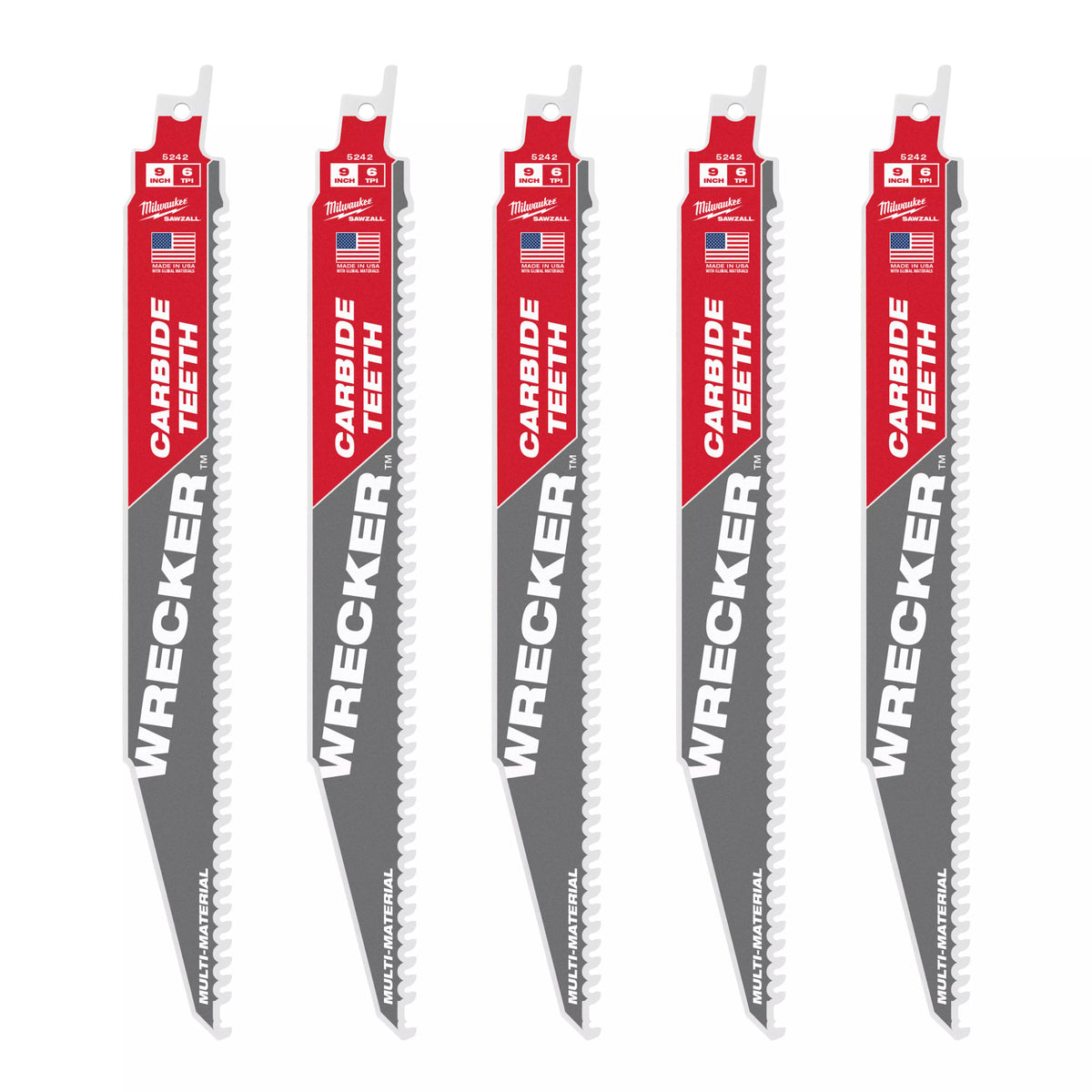 Milwaukee Tools 9" 6 TPI WRECKER™ with Carbide Teeth SAWZALL® Blade for Multi-Material (5 Pack)