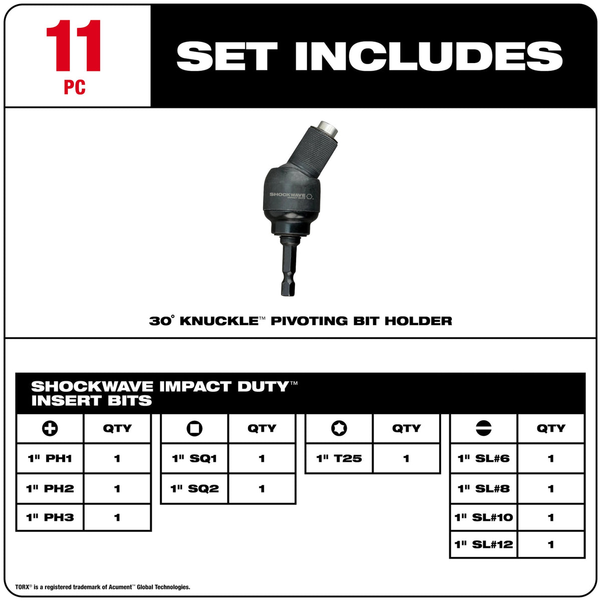 Milwaukee Tools 11 Piece SHOCKWAVE™ 30° KNUCKLE™ Pivoting Bit Holder