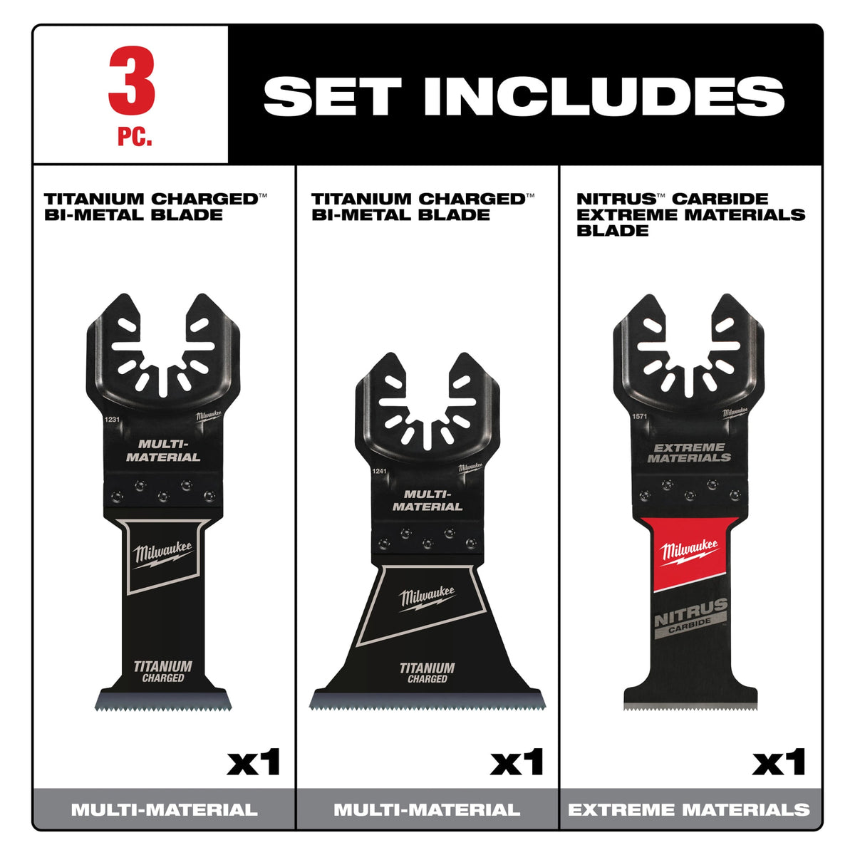 Milwaukee Tools 3 Piece Multi-Material Universal Fit Oscillating Multi-Tool Blade Set