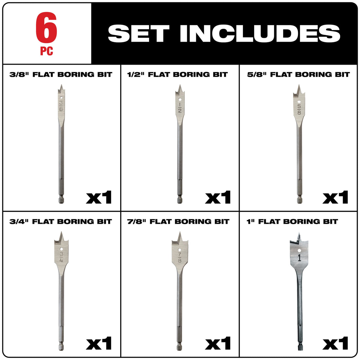Milwaukee Tools 6 Piece Flat Boring Bit 6" Universal Set