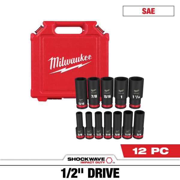 12 Piece SHOCKWAVE™ Impact Duty 1/2" Drive SAE Deep 6 Point Socket Set