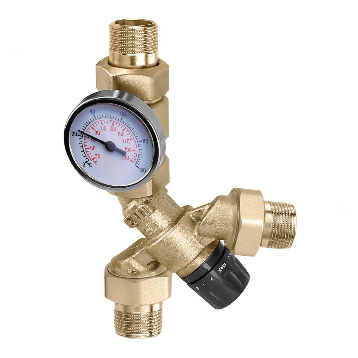 Caleffi 520510AC AngleMix 3-Way Thermostatic Mixing Valve 3/4 in. NPT Male Union with Inlet Check Valves