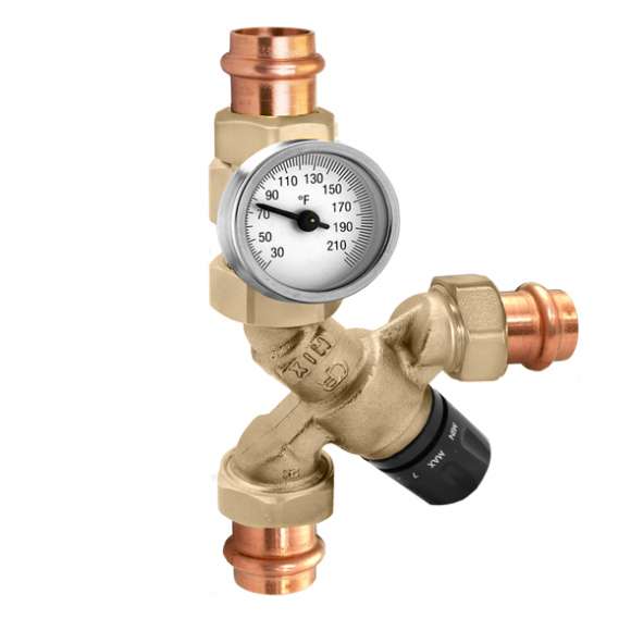 Caleffi 520616AC AngleMix 3-Way Thermostatic Mixing Valve 1" Press Union with Inlet Check Valves & Temperature Gauge, Cv 3.5