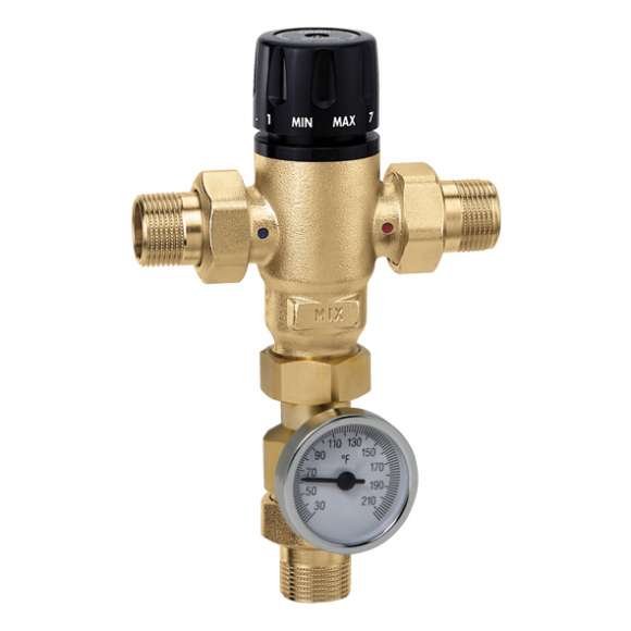 Caleffi 521410AC MixCal 3-Way Thermostatic Mixing Valve 1/2" Male NPT with Inlet Check Valves & Temperature Gauge, ASSE 1017, 3 Cv