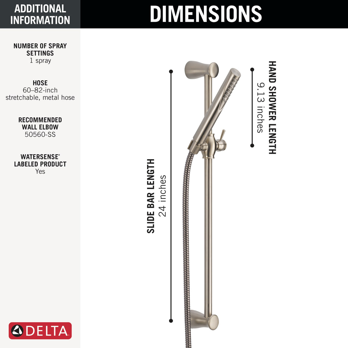 Delta 57085-SS Grail® Premium Single-Setting Slide Bar Handshower Stainless