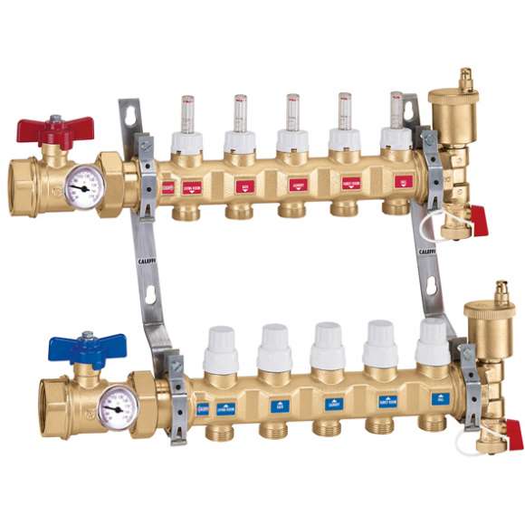 Caleffi 6686C5S1A TwistFlow Radiant Manifold Assembly 3 Loops, 1" Brass with Temperature Gauges