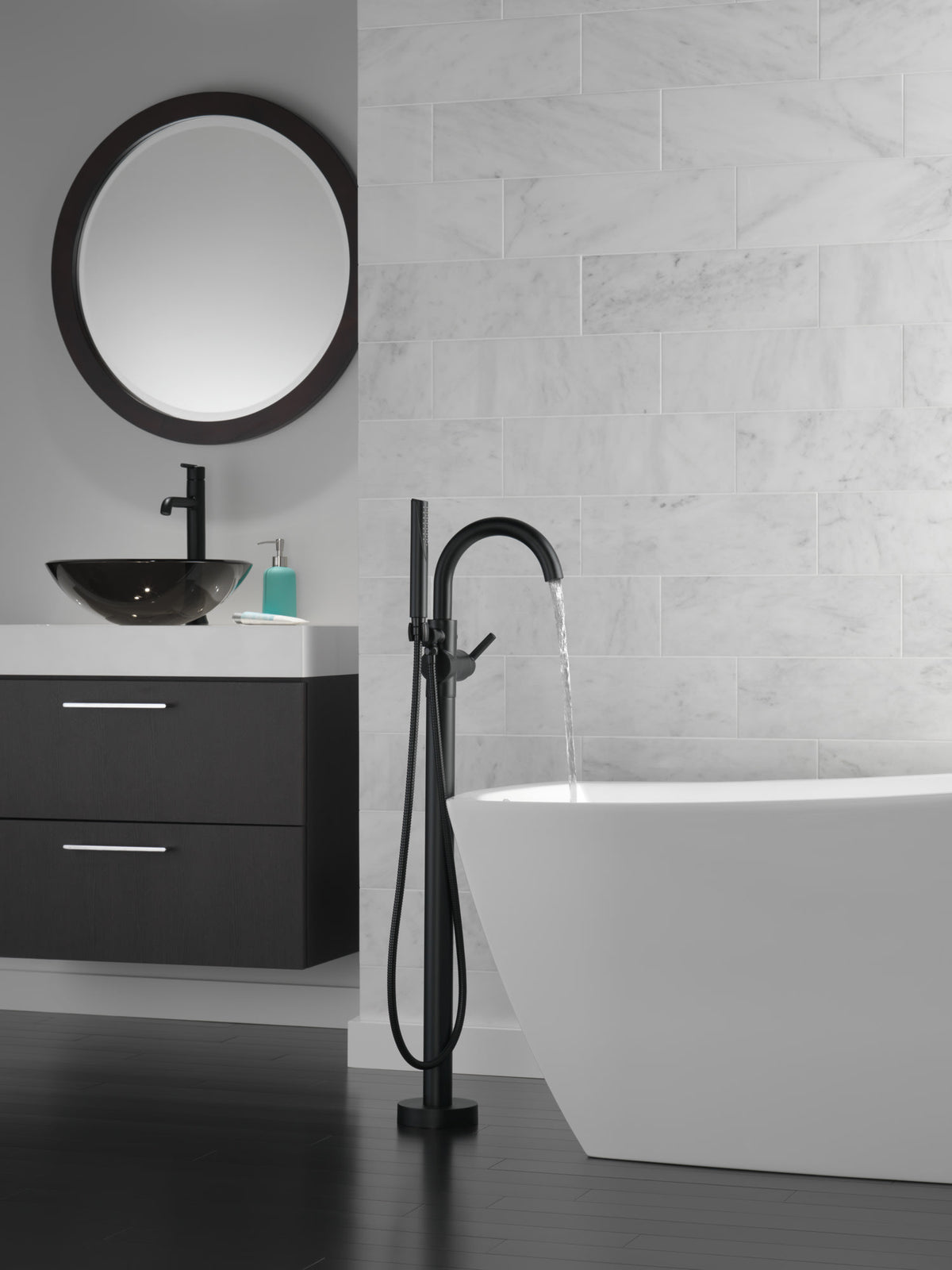Delta T4759-BLFL Trinsic® Single Handle Floor Mount Tub Filler Trim with Handshower Matte Black
