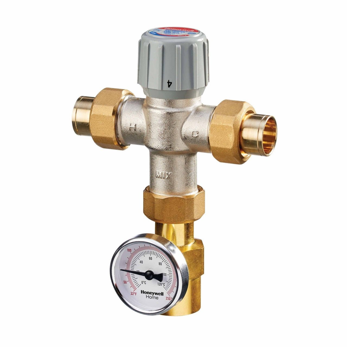 Resideo AM101-USTG-1LF/U Low Lead Thermostatic Mixing Valve, 3/4 in Union, Temperature Gauge, 70–145°F