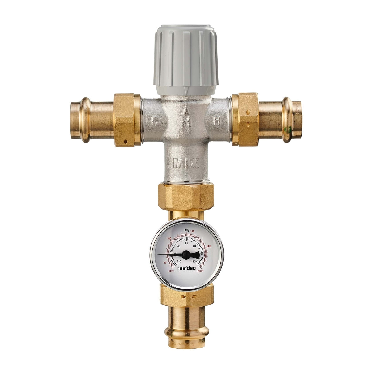 Resideo AM102-USTG-1LF/U Low Lead Thermostatic Mixing Valve, 1 in Union, Temperature Gauge, 70–145°F