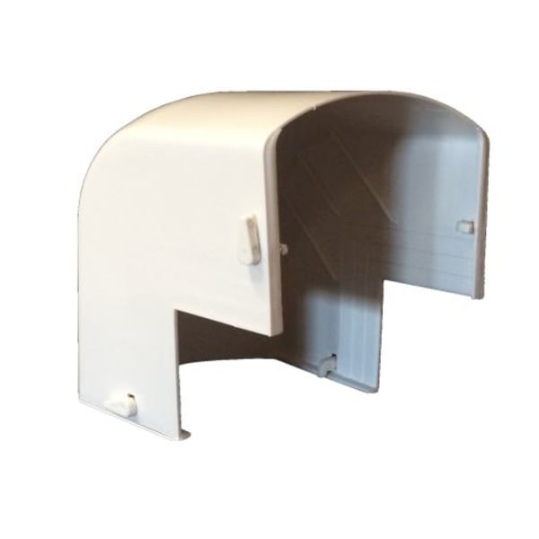 White 4.5" exterior 90 (or vertical outside 90) is for outside corners used with 4.5"wide channel lengths. One piece. Clips on duct cover for seemless look, no screws needed. Use box cutter to trim excess for a customized fit to match channel thickness.