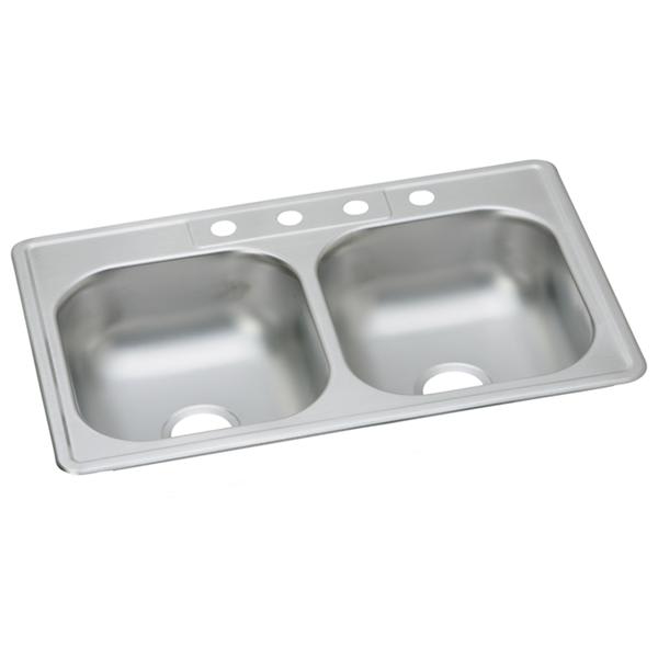 Dayton Stainless Steel 33" x 22" x 7-1/16" 4-Hole Equal Double Bowl Drop-in Sink