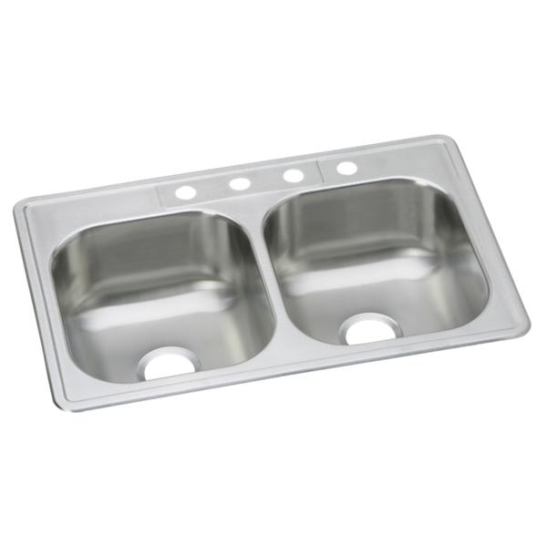 Dayton Stainless Steel 33" x 22" x 8-1/16" 4-Hole Equal Double Bowl Drop-in Sink