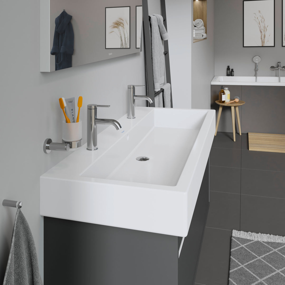 Duravit Vero 47 1/4" Rectangular Wall Mounted Sink in White with Two Sets of Single Faucet Holes and with Overflow