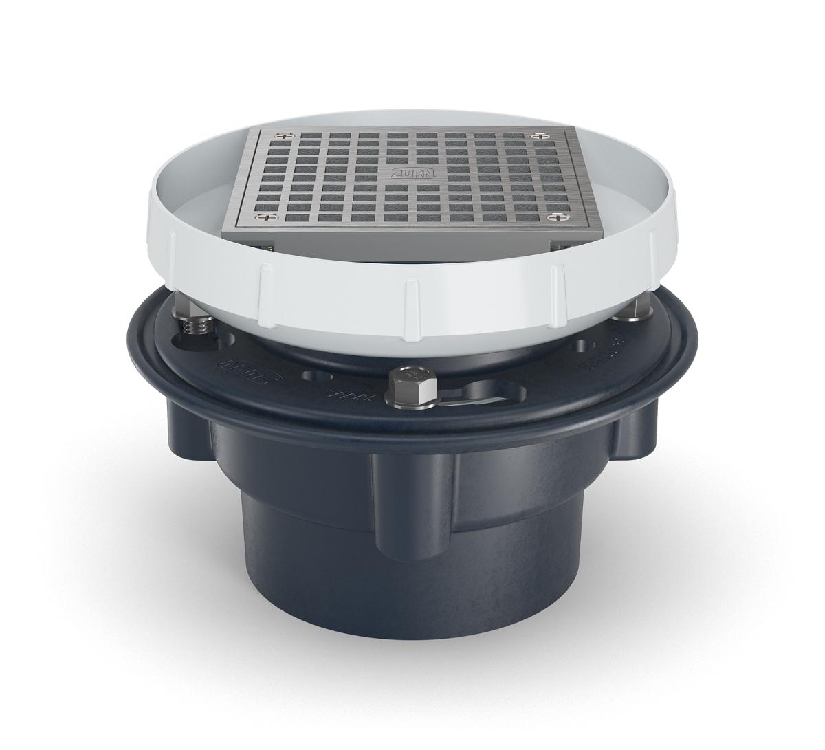 Zurn EZ1 PVC Floor Drain, 5" Square Nickel Bronze Strainer, with 4" Bottom Outlet