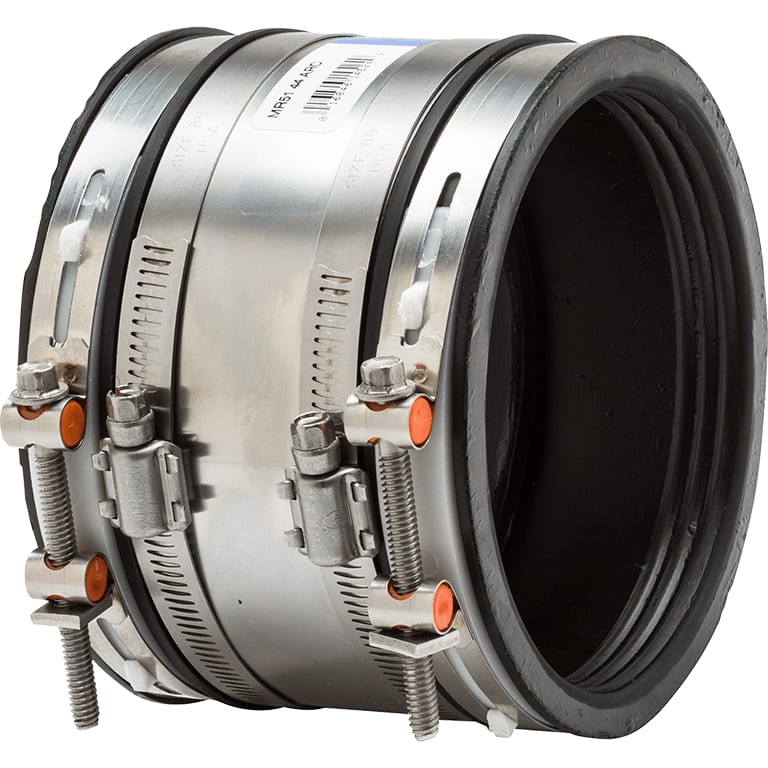 Mission Rubber MR51-44-ARC-WD 4" Ductile Iron/Cement to 4" Cast Iron/Plastic Shielded Rubber Adjustable Repair Coupling - Worm Drive