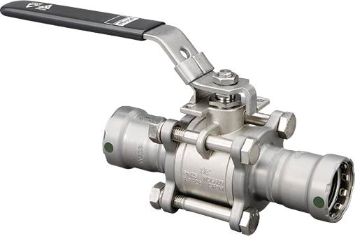 Viega 28501 3/4" x 3/4", MegaPress x MegaPress, 250 PSI CWP, 316 Stainless Steel, Locking Handle, Full Port, 3-Piece, Ball Valve