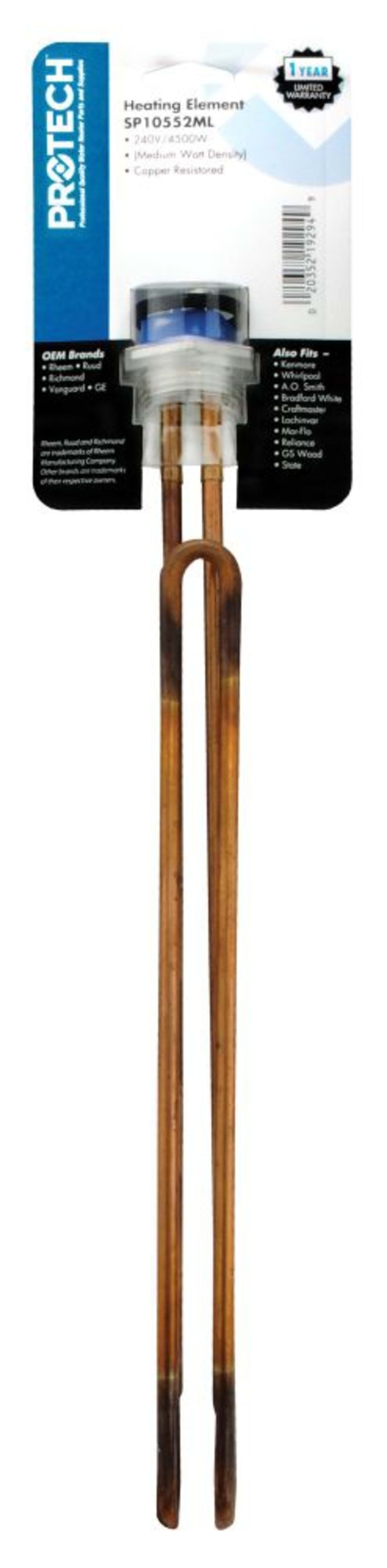Rheem 0.26" x 13.81", 208/240 V, 3380/4500 W, 12.8 Ohm, Copper, Screw-In, Foldback, Threaded Mount, Electric Heating Element for Water Heater
