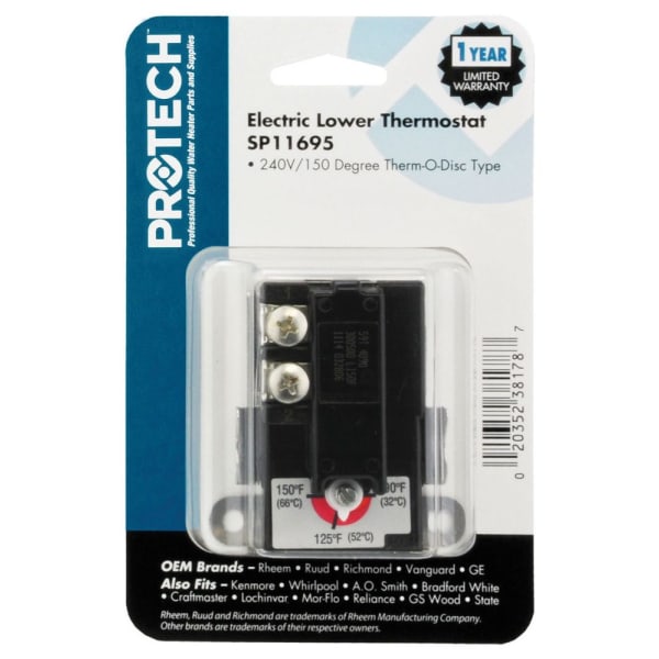 90 to 150 Deg F Adjustment Range, 5 to 15 Deg F Differential, SPST, Thermostat with (1) Blister/(1) Back Card/(1) Front Card for 59T Electric Water Heater
