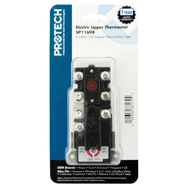90 to 150 Deg F Adjustment Range, 17 to 27 Deg F Differential, 170 Deg F High Limit, Manual Reset/DPST, SPDT, Thermostat with (1) Blister/(1) Back Card/(1) Front Card for 59T Electric Water Heater