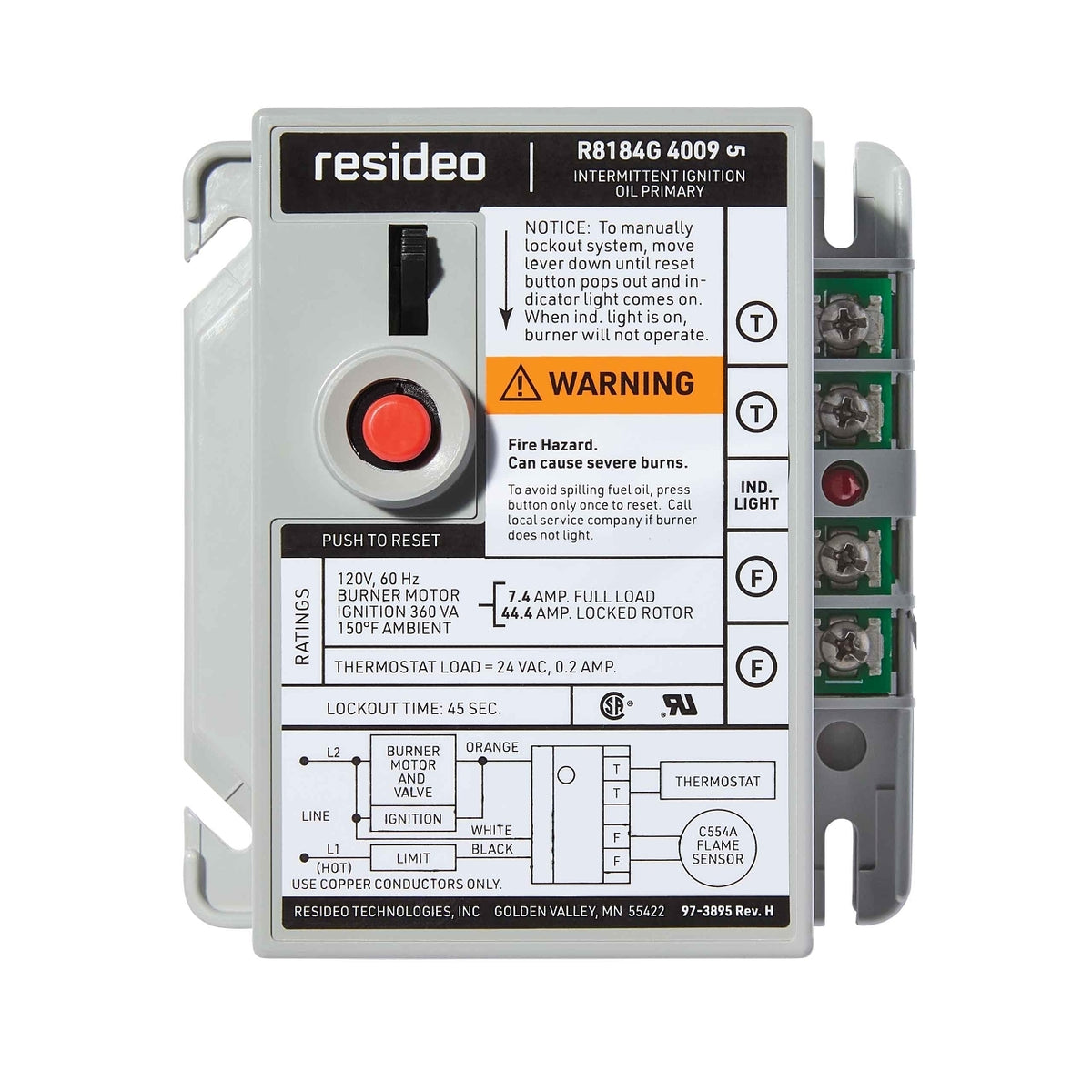 Resideo R8184G4033/U Oil Primary Control, 120 VAC, 30 Sec Safety Switch Timing, Gray