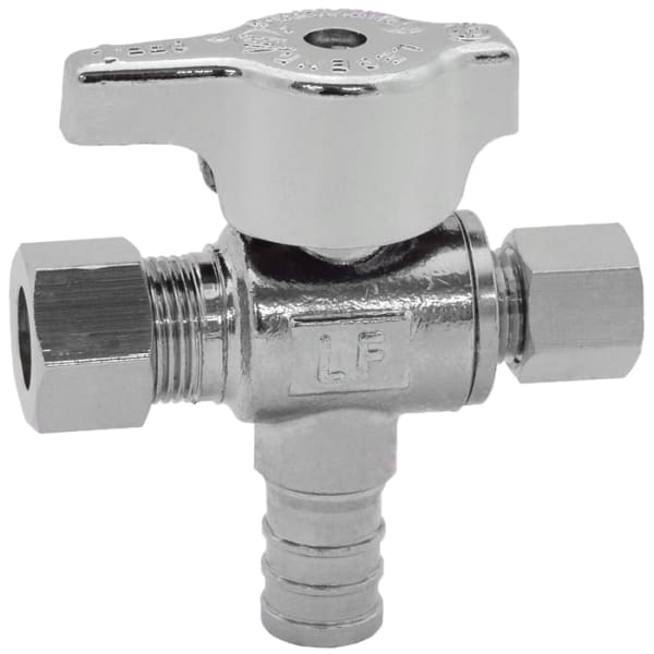 1/2" x 3/8" x 1/4" - F1807 x Comp (OD) x Comp (OD), No Lead Chrome-Plated Forged Brass 1/4-Turn F1807 x OD x OD Dual Outlet Angle Stop Valve