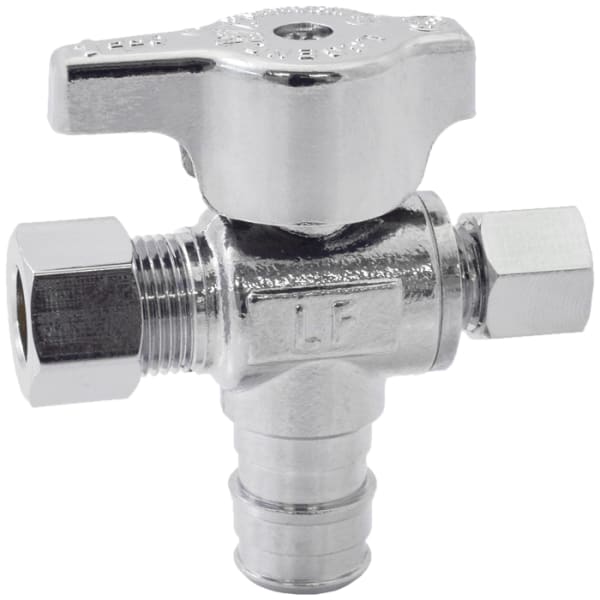 1/2" x 3/8" x 3/8" - F1960 x Comp (OD) x Comp (OD), No Lead Chrome-Plated Forged Brass 1/4-Turn F1960 x OD x OD Dual Outlet Angle Stop Valve