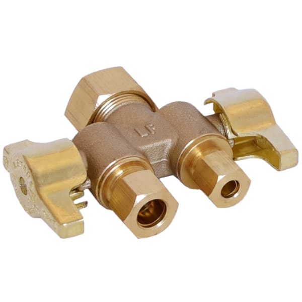 5/8" X 3/8" X 3/8" - Comp (OD) x Comp (OD) x Comp (OD), No Lead Forged Brass 1/4-Turn Ball-Type OD x OD x OD Dual Handle Straight Stop Valve