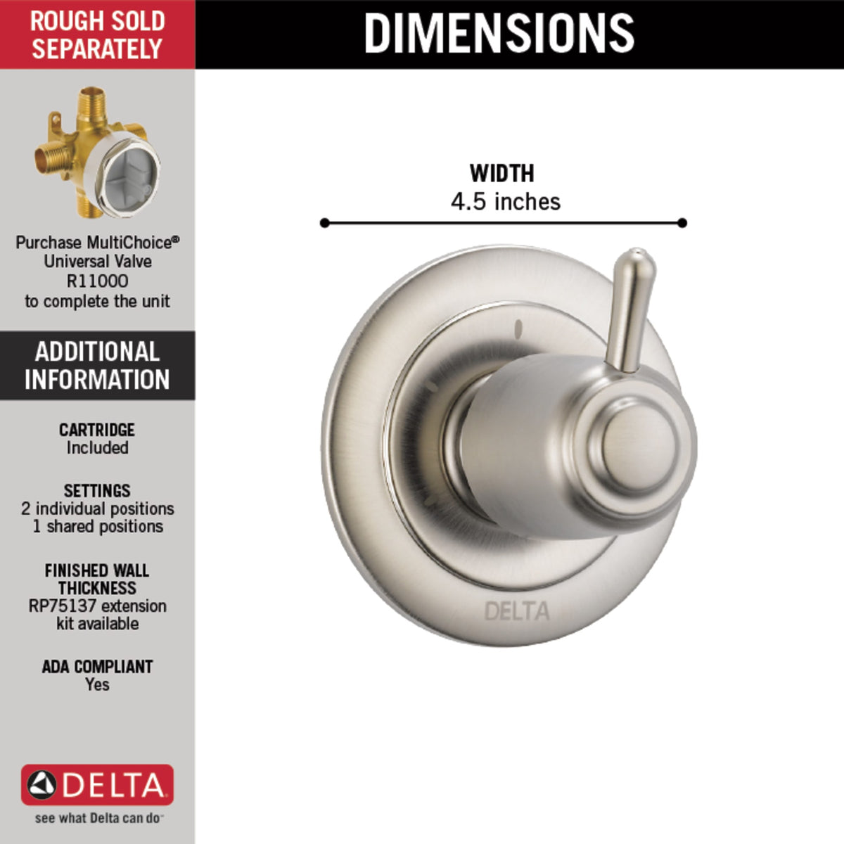 Delta T11800-SS 3-Setting 2-Port Diverter Trim Stainless