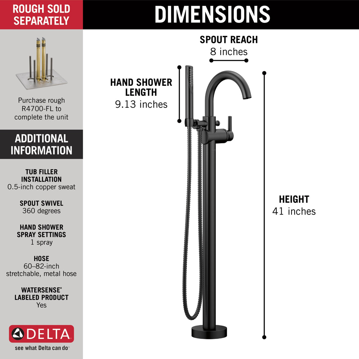 Delta T4759-BLFL Trinsic® Single Handle Floor Mount Tub Filler Trim with Handshower Matte Black