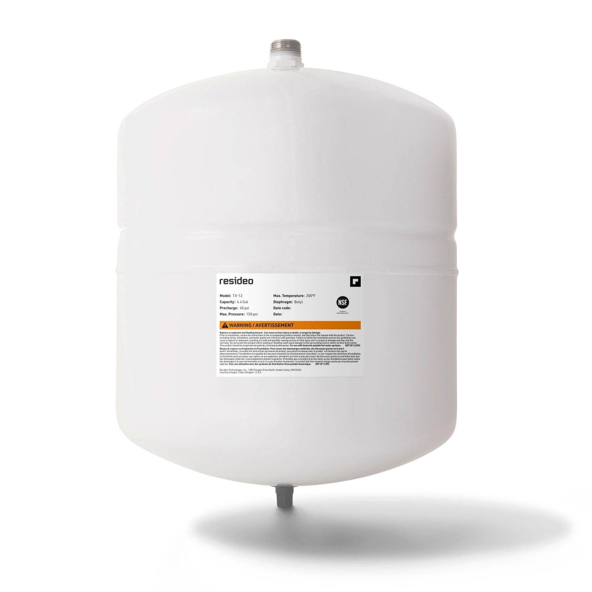 Resideo TX-12/U Potable Water Expansion Tank, 4.4 Gallon, 3/4 in Male NPT