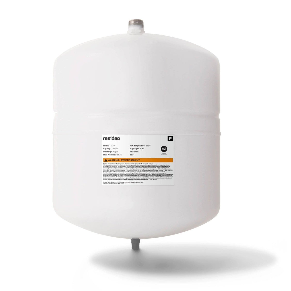 Resideo TX-25V/U Potable Water Expansion Tank, 10.3 Gallon, 1 in Female NPT
